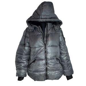 Steve Madden Silver Quilted Puffer Jacket Parka Faux Fur Lined NWT